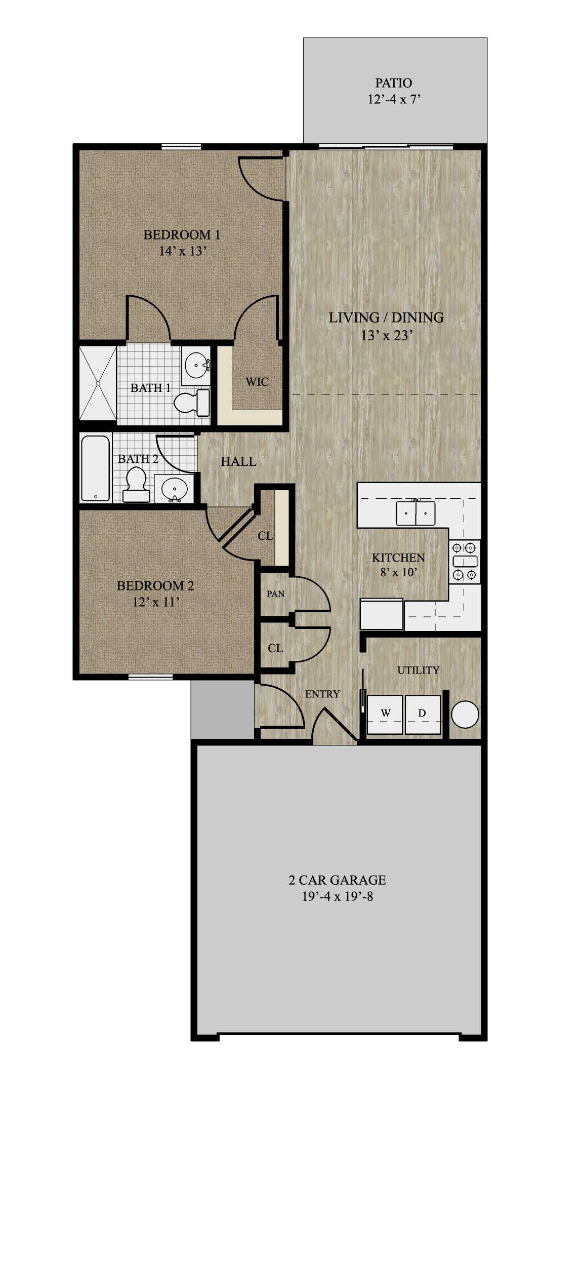 Floor plan for 2 beds, 2 baths, 1067 sqft